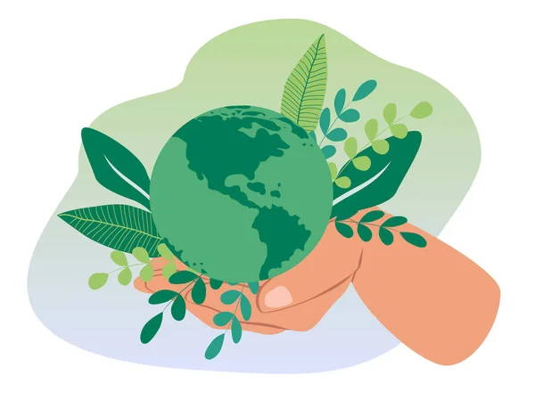 stock vector  vector hand drawn illustration in flat style on the theme of earth day, save the planet. Hands hold the globe.