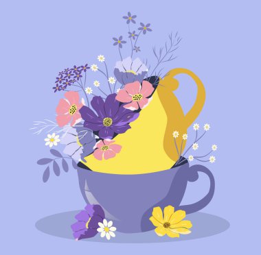  İlkbahar teması, çiçekler, çiçekçilik gibi düz bir şekilde çizilmiş. Çayır çiçekleriyle dolu iki fincan. Bir tebrik kartı şablonu