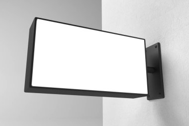 Asılı bir siyah duvar tabelası, dikdörtgen tabela, gri arka planda tabela.