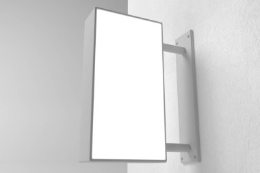 Üç boyutlu asılı beyaz duvar işareti, kare reklam panosu, gri arka planda tabela.