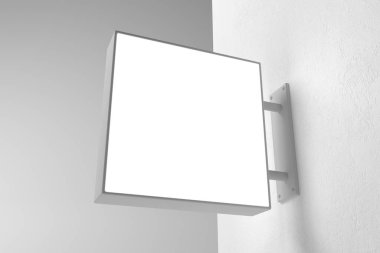 Asılı beyaz duvar tabelası, kare reklam panosu, gri arka planda tabela.