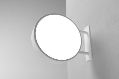 3D asılı duvar işareti, beyaz yuvarlak reklam panosu, gri arka planda tabela.