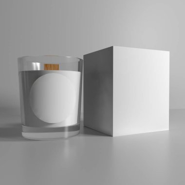 3 boyutlu görüntüleme. Yuvarlak beyaz etiketli cam bir kavanozda boş beyaz bir mum ve bir kutu. Çıkartma modeli, ambalaj
