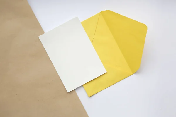Postcard Mockup Vertical White Brown Background Yellow Open Envelope White — Stock Photo, Image