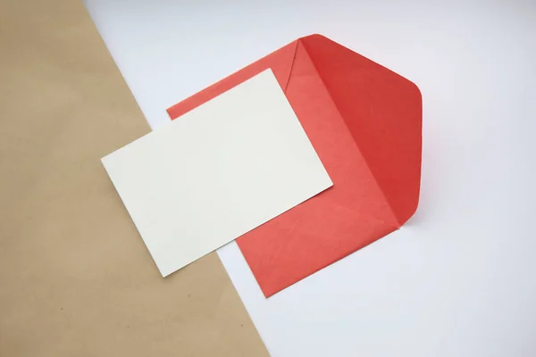 Postcard Mockup Horizontal White Brown Background Red Open Envelope White — Stock Photo, Image