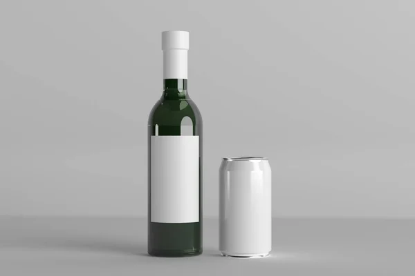 3d render bottles of wine, champagne and a tin with a blank label with a place for design