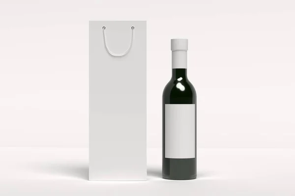 Rendermockup Flaschen Wein Champagner Mit Leerem Etikett Und Papiertüte Mit — Stockfoto