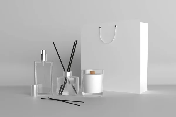 キャンドル アロマディフューザーとデザインのための場所とパッケージブランクテンプレートなどの芳香族製品のためのパッケージの3Dレンダリング — ストック写真