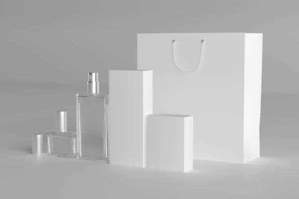 Representación Envases Para Perfumes Diferentes Volúmenes Plantilla Blanco Del Paquete —  Fotos de Stock