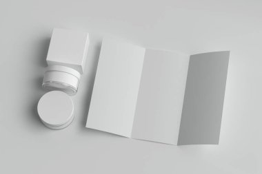 3D görüntüleme, kavanoz şablonu ve kutu krema veya ilaç için kutu kutu ve broşür ve broşür ile tasarım için model