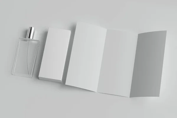 3Dレンダリング 香水や箱のリーフレットのガラス包装 デザインのデモンストレーションのためのモックアップ — ストック写真