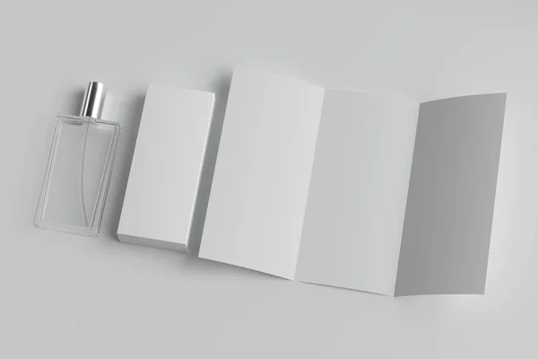 Renderizado Embalaje Vidrio Perfume Folleto Caja Maqueta Para Demostración Diseño — Foto de Stock