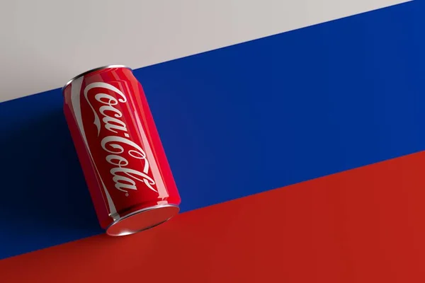 Can Coca Cola Background Flag Russia Concept News Withdrawal Russian — Stock Photo, Image