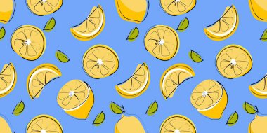 Mavi arkaplandaki limonlarla kumaş, ambalaj veya tasarım elementleri için kusursuz karşıtlık deseni