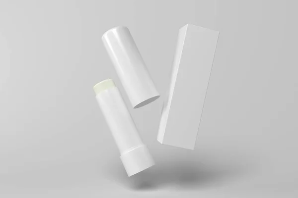 Καθιστούν Mockup Που Φέρουν Άδειο Λευκό Συσκευασία Chapstick Lip Balm — Φωτογραφία Αρχείου