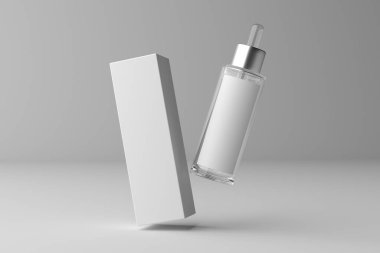 3D render Cam düşürücü şişesi ve tasarım için bir yeri olan kutu modeli