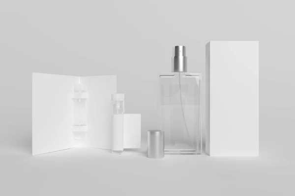 Render Set Demonstrating Design Perfume Mockup Tester Cardboard Substrate Bottle — Stock Photo, Image