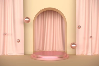 Ürün sunumu için minimal cazibe kozmetik arka plan. Kozmetik şişeler için pembe elementlerle podyum gösterisi pastel rengi ve ürünü sergilemek için platform. 3d resimleme.