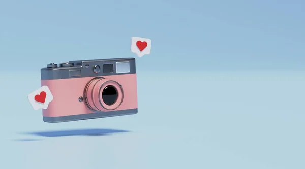 Rosa Retro Kamera Auf Pastellblauem Hintergrund Reisekonzept Mit Platz Für — Stockfoto