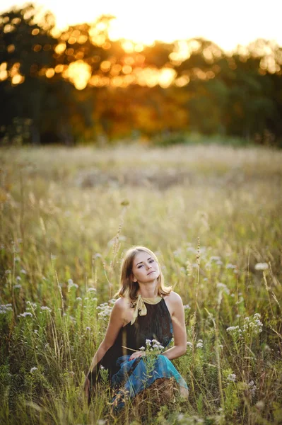 Chica en el campo al atardecer — Foto de Stock