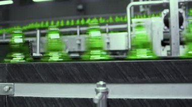 Bira fabrikasında bira doldurmak için sıra. Boş yeşil cam şişeler bira fabrikasında kuyrukta konveyör bandında hareket ediyor..