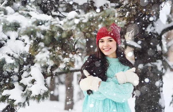 Pretty young girl in a blue knitted sweater, red hat and mittens smiles against the background of snowfall, Christmas trees and forest. — Fotografia de Stock