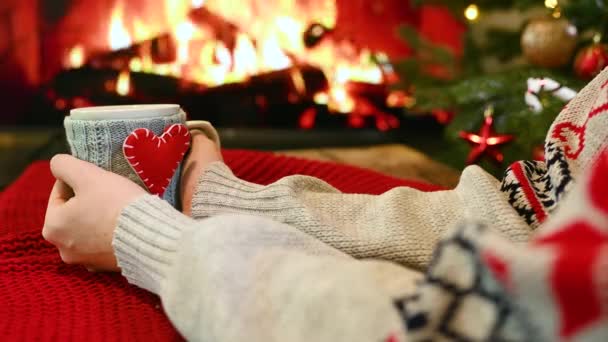 Womans hands in a warm sweater holds a cup with a hot drink in a blue knitted cover with a red heart against the background of a burning fireplace and a Christmas tree. — стоковое видео