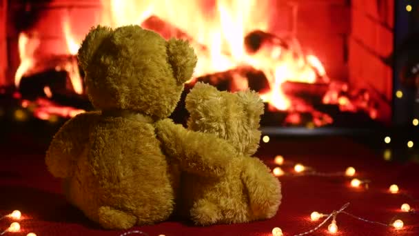 Two cute teddy bears hugging each other sitting on a knitted red plaid against the background of a garland of light bulbs and a burning fireplace — Stock Video