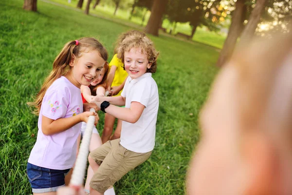 Grupo de niños en edad preescolar - niños y niñas compiten en un tira y afloja contra el fondo de un parque y vegetación. —  Fotos de Stock