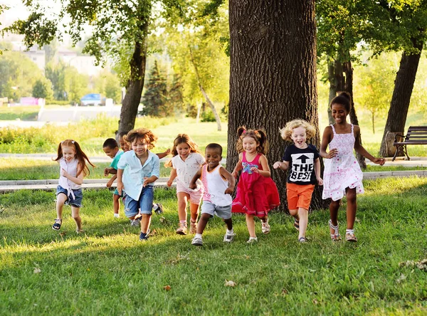 Grupa przedszkolaków biegających po trawie w parku. — Zdjęcie stockowe