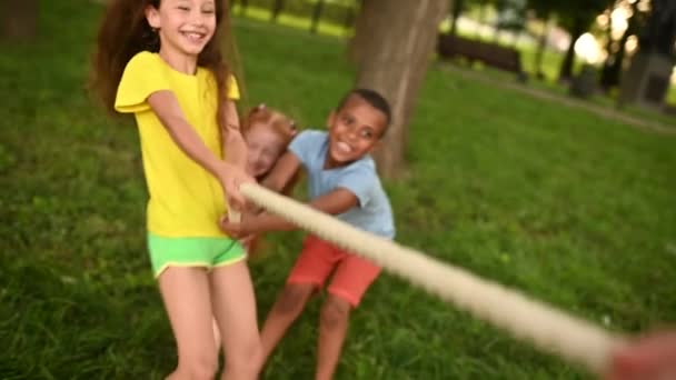 Um grupo de crianças competir em um cabo de guerra ao ar livre contra o pano de fundo da grama e do parque. — Vídeo de Stock