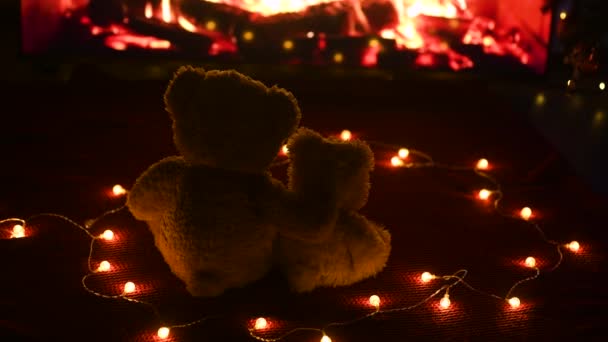 İki oyuncak ayı oturmuş, sarılıyor ve şömine ateşine bakıyor.. — Stok video