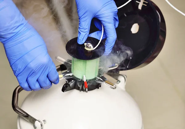 Деварська судина з рідким азотом з замороженими ембріонами та яйцями в кріобанку в сучасній клініці IVF. Репродуктивна медицина, запліднення in vitro — стокове фото