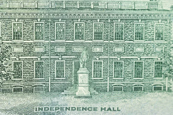 Independence Hall ist Super-Großaufnahme auf einem Hundert-Dollar-Schein eines neuen Musters. — Stockfoto
