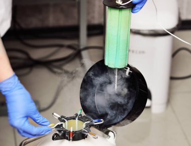 Modern bir tüp bebek kliniğinde dondurulmuş embriyoları ve yumurtaları olan sıvı nitrojeni olan bir savaş gemisi. Üreme ilacı, tüp bebek.