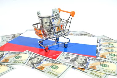 Rus üç renkli bayrağının arka planında Amerikan doları olan bir süpermarket sepeti..