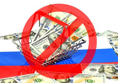 Rus bayrağının arkasında bizim gibi 100 dolarlık banknotlar ve dur işareti olan bir sepet..