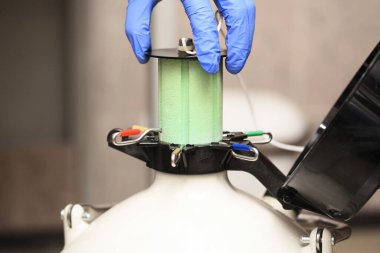 Modern bir tüp bebek kliniğinde dondurulmuş embriyoları ve yumurtaları olan sıvı nitrojeni olan bir savaş gemisi. Üreme ilacı, tüp bebek.