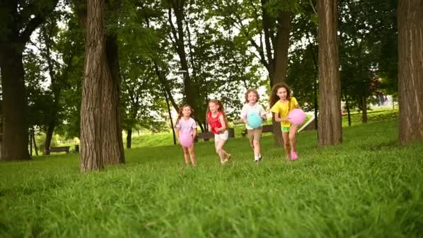 Gruppo di bambini con palloncini in mano corrono sull'erba sullo sfondo del parco. — Video Stock