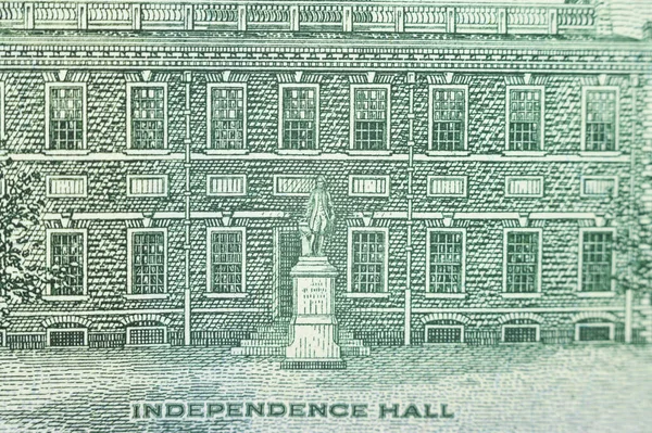 Independence Hall is super close-up on a hundred US dollars banknote of a new sample. — Stock Photo, Image