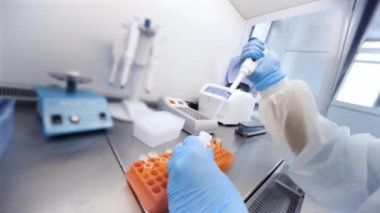Kadın bilim adamı modern bir kimya ve bakteri laboratuvarında PCR DNA testleri yapıyor..