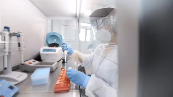 Female scientist makes PCR DNA tests in a modern chemical and bacteriological laboratory. — Wideo stockowe