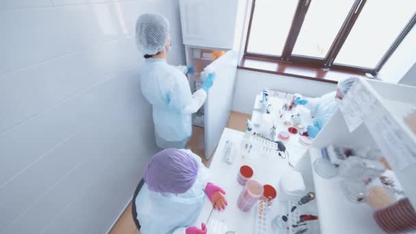 Ομάδα επιστημόνων που πραγματοποιούν αναλύσεις και δοκιμές σε ένα σύγχρονο βακτηριολογικό εργαστήριο με φόντο τον εξοπλισμό και τα τρυβλίο Petri — Αρχείο Βίντεο