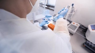 Kadın bilim adamı modern bir kimya ve bakteri laboratuvarında PCR DNA testleri yapıyor..
