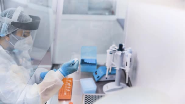นักวิทยาศาสตร์หญิงทําการทดสอบดีเอ็นเอ PCR ในห้องปฏิบัติการเคมีและแบคทีเรียสมัยใหม่ . — วีดีโอสต็อก