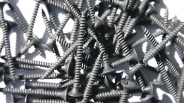 lots of screws with a cross slot for a screwdriver on a white background close-up.
