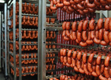 a lot of smoked sausages on the metal shelves of the racks of the meat factory. Food production