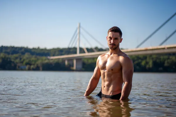 Handsome Muscular Man Posing River — Stock Photo, Image