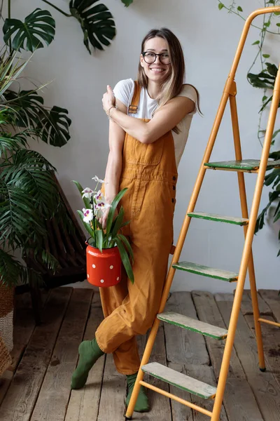 Young happy woman gardener standing near stepladder in home garden with tropical house plants — Stok fotoğraf