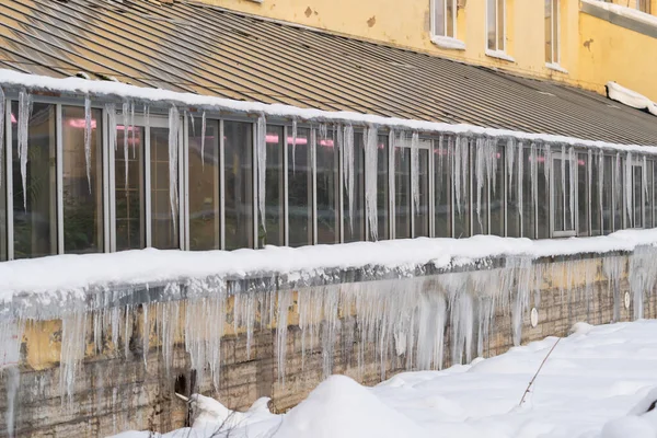 Carámbanos congelados colgando del techo de un invernadero. Derretimiento de nieve a principios de primavera y nevadas —  Fotos de Stock